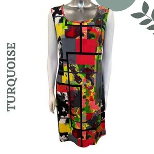 Turquoise Multicolor Modern Art Dress | Graphic Sleeveless Fit | Size Medium